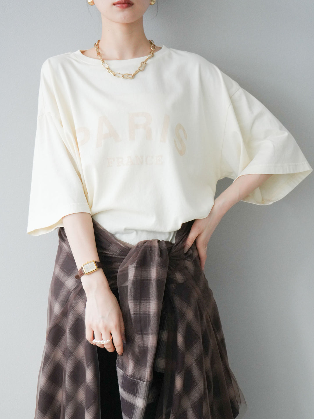 [SET]ピグメントロゴプリントTシャツ+2WAYデザインスウェットパンツ+チュールドッキングチェック柄オーバーサイズシャツ(3set)