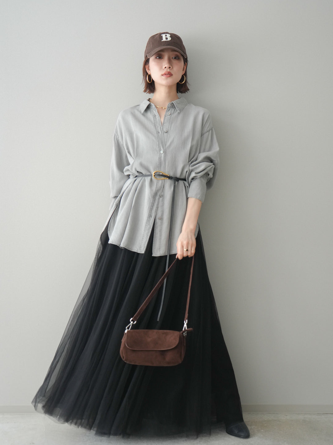 [SET]テンセルデニムタックシャツ+チュールボリュームスカート(2set)