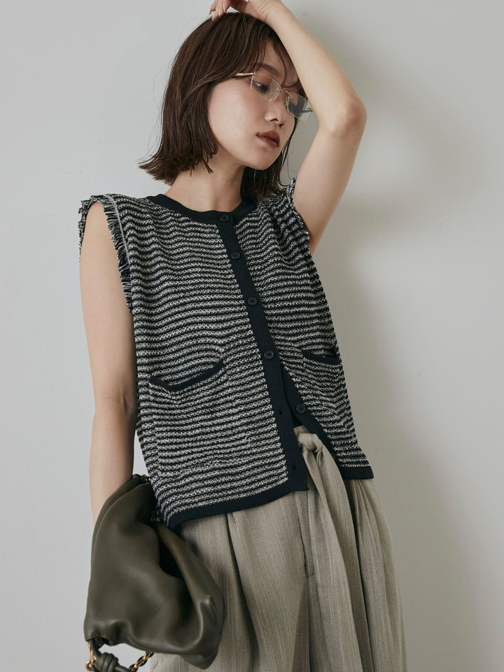 [予約]ボーダー袖フリンジニットベスト/ブラック