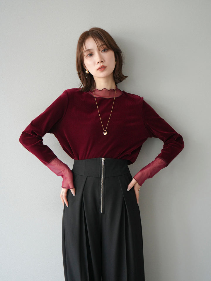 [預購] 薄紗天鵝絨上衣/酒紅色