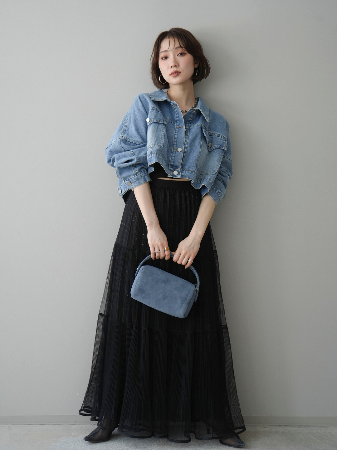 [予約]ラメプリーツレイヤードチュールロングスカート/black