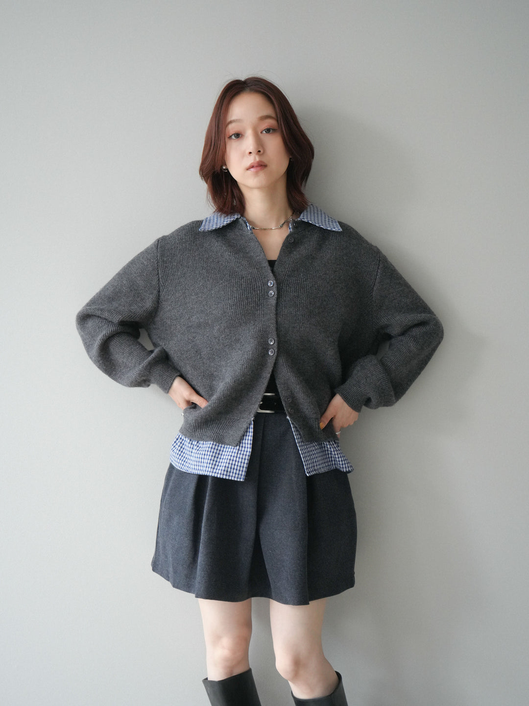 [SET]チェックシャツ襟ニットカーディガン+ベルト付きタックミニスカート(2set)