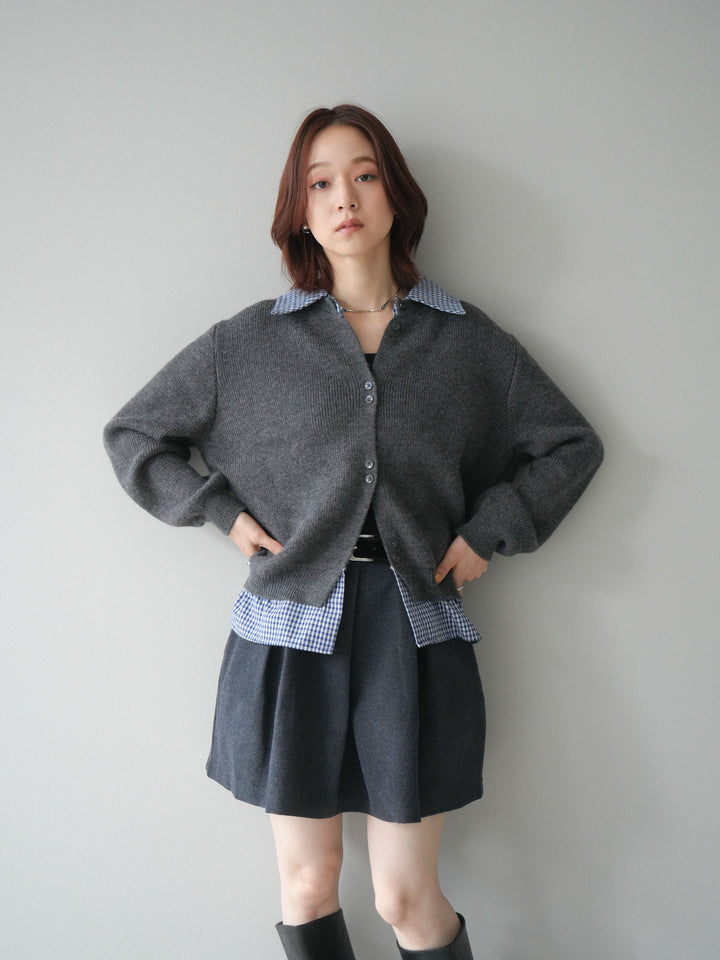 [SET]チェックシャツ襟ニットカーディガン+ベルト付きタックミニスカート(2set)