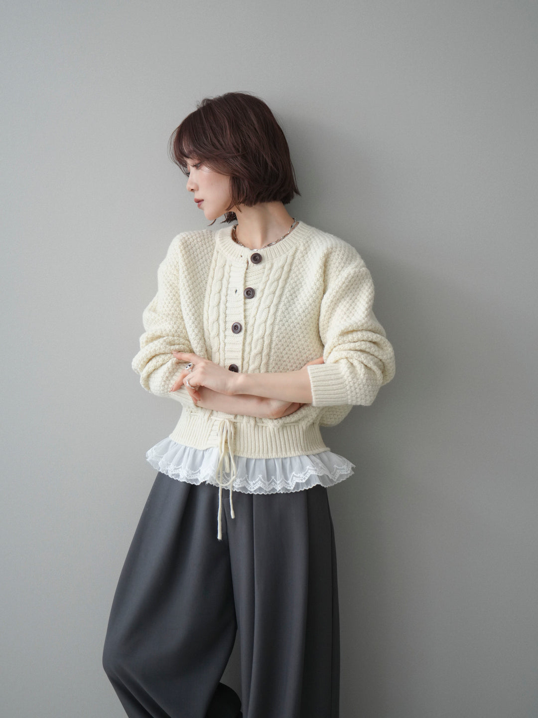 [SET]裾レースケーブルニットカーディガン+ベルトループデザインワイドパンツ(2set)