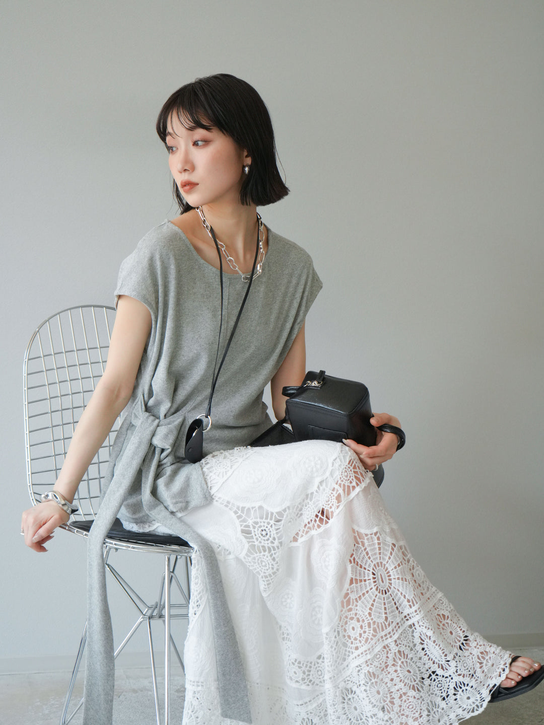 [予約]フロント巻きデザインカットソー/グレー