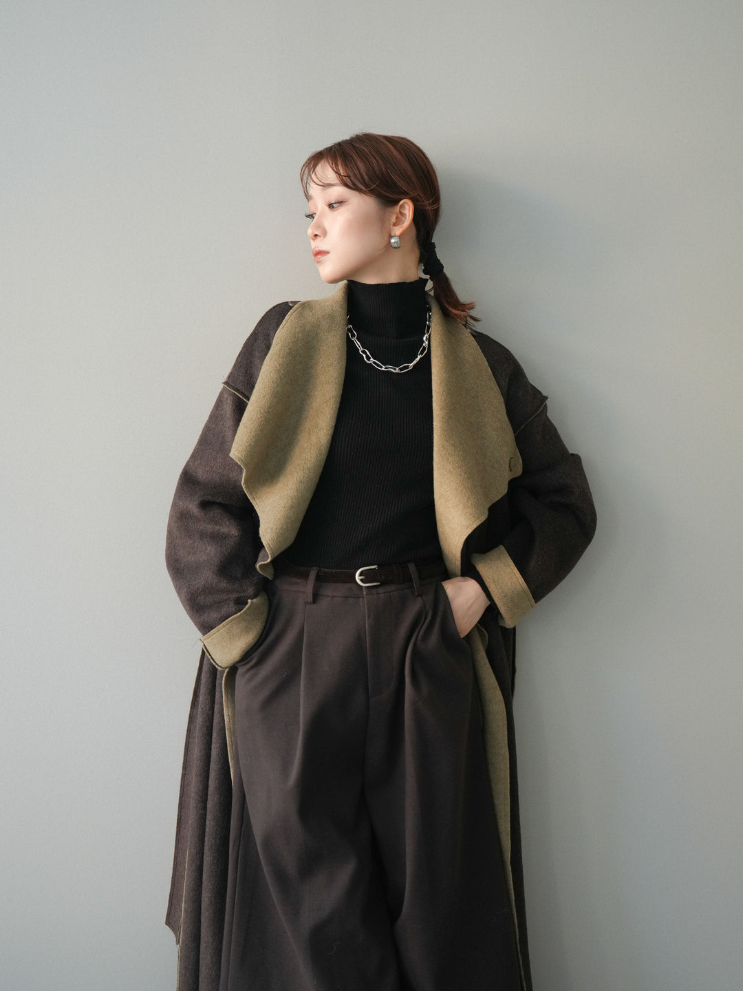 [予約]ダブルフェイスバイカラーロングコート/khaki