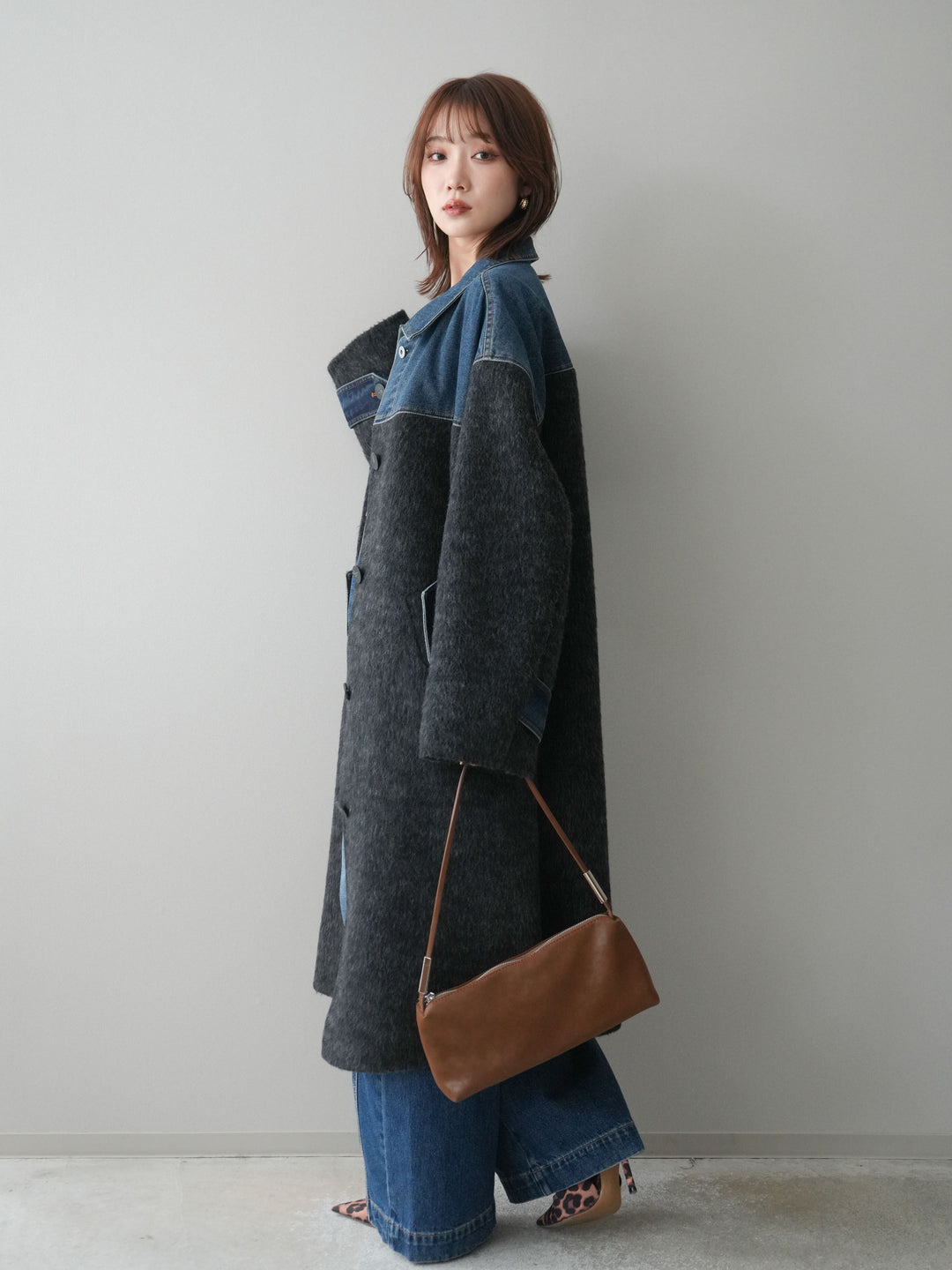 [予約]デニム切替シャギーステンカラーコート/charcoal