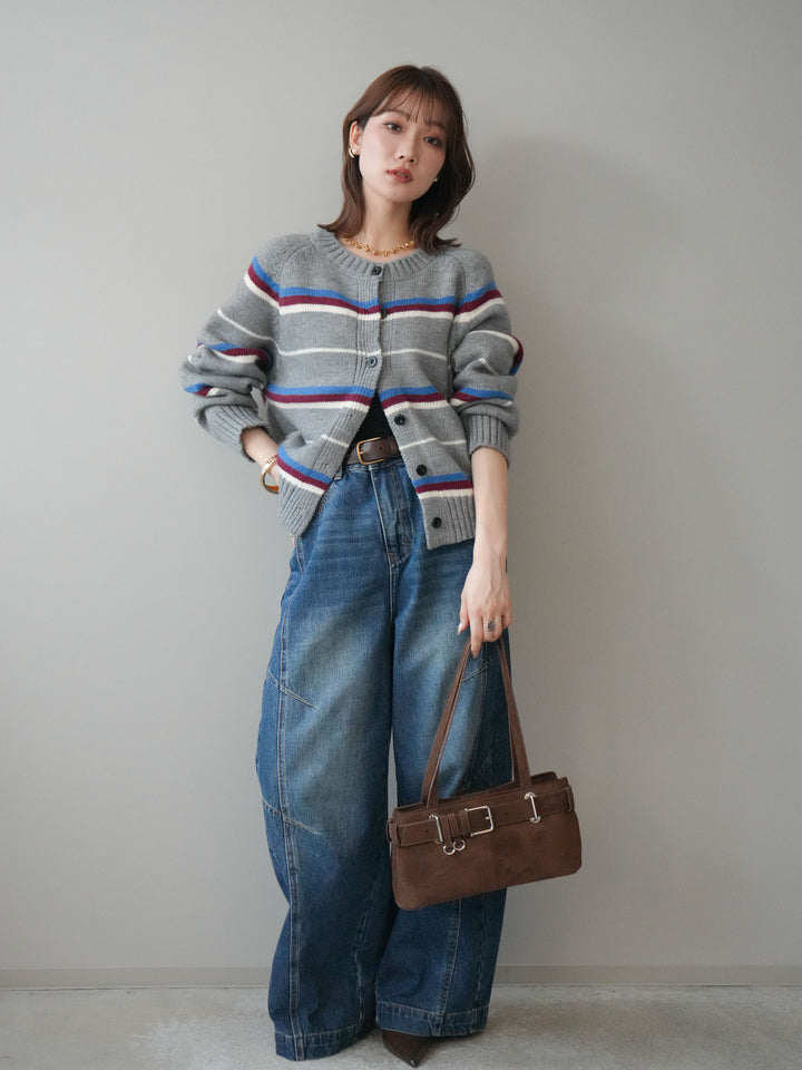 [SET]ランダムボーダーニットカーディガン+デザインステッチカーブデニムパンツ(2set)