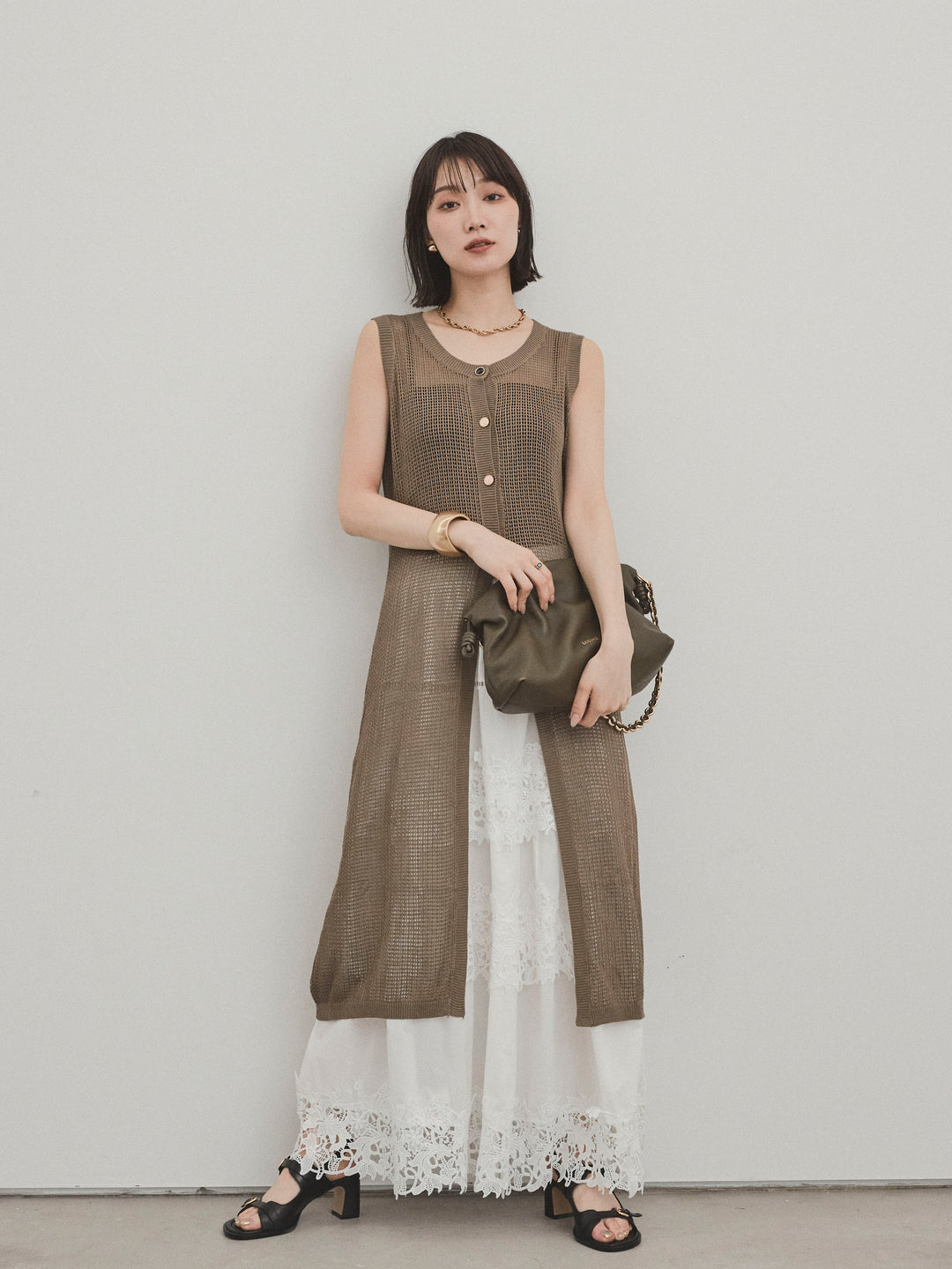 [予約]アソートボタンニットロングジレ/カーキ