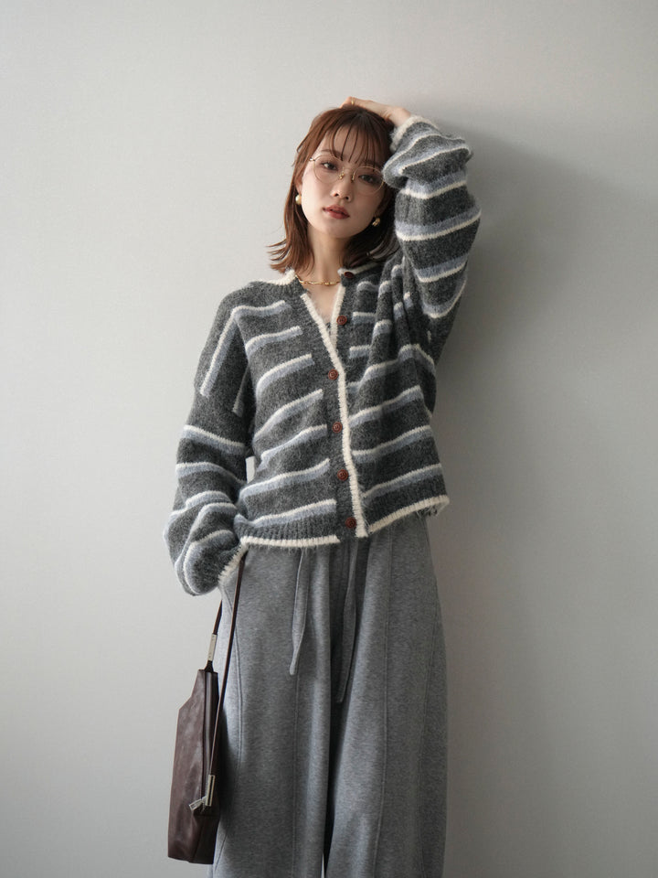 [SET]ウールタッチ配色ボーダーニットカーディガン+ウエストベルトカーブラインスエットパンツ(2set)