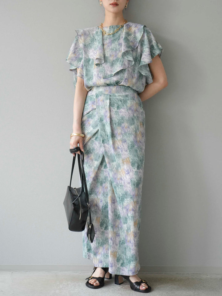 [予約]水彩アートラッフルカラーブラウス/グリーン