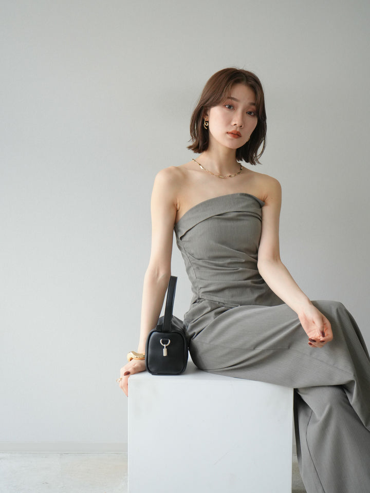 [SET] 條紋褶襉露肩上衣＆寬褲 SET UP (2set)