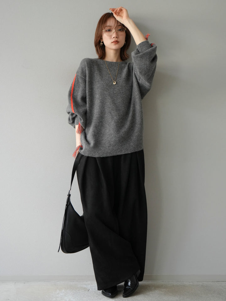 [予約]配色ステッチフリンジニットプルオーバー /チャコール