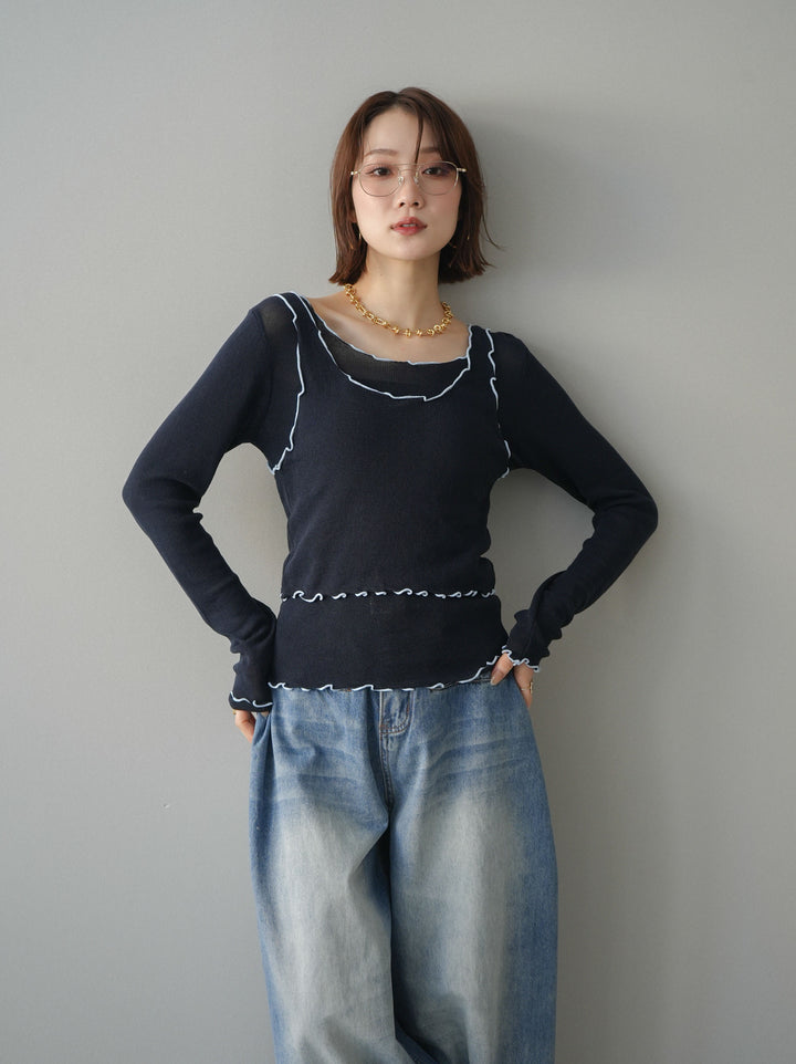 [予約]バイカラーメローアンサンブルシアーニットトップス/navy