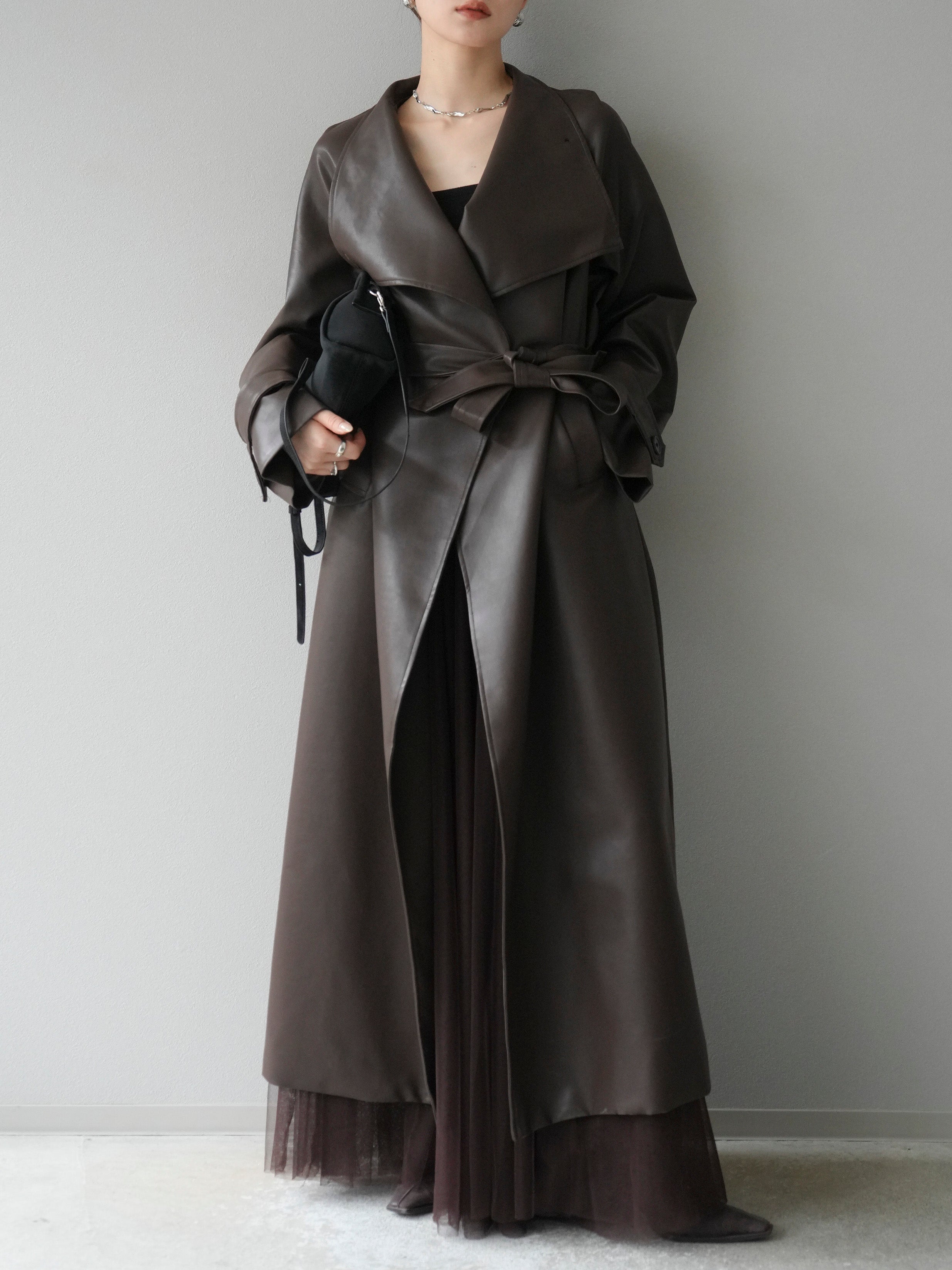 予約]BIGカラーレザーロングコート/ブラウン – Lumier