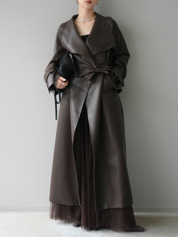 [予約]BIGカラーレザーロングコート/ブラウン