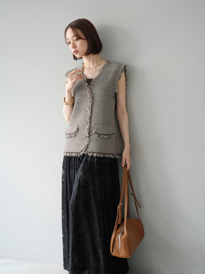 [予約]ツイードライクフリンジニットベスト/ブラウン