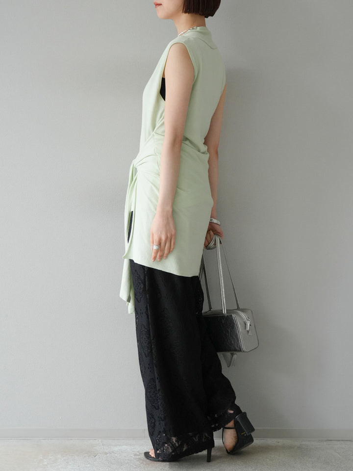 [SET]腰巻きデザインノースリーブニットカーディガン+レースタックイージーパンツ(2set)