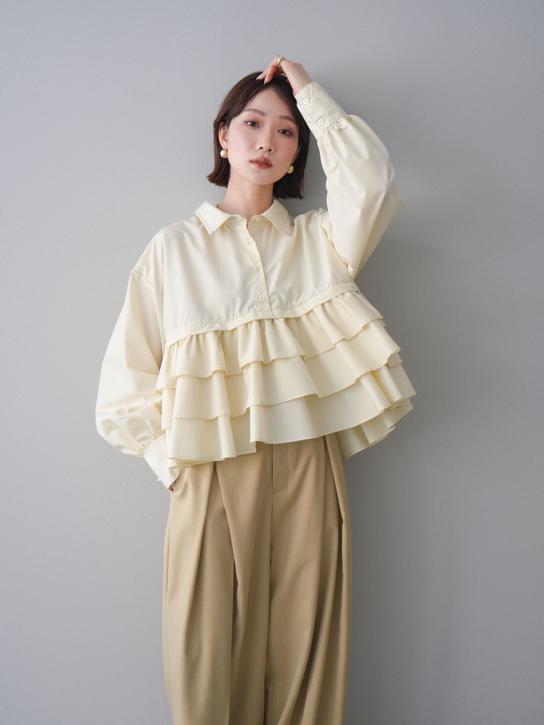 [SET]ブロードティアードショートシャツ+TRツイルデザインタックワイドパンツ(2set)