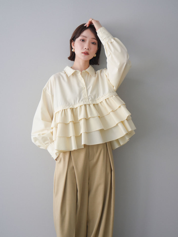 [SET]ブロードティアードショートシャツ+TRツイルデザインタックワイドパンツ(2set)