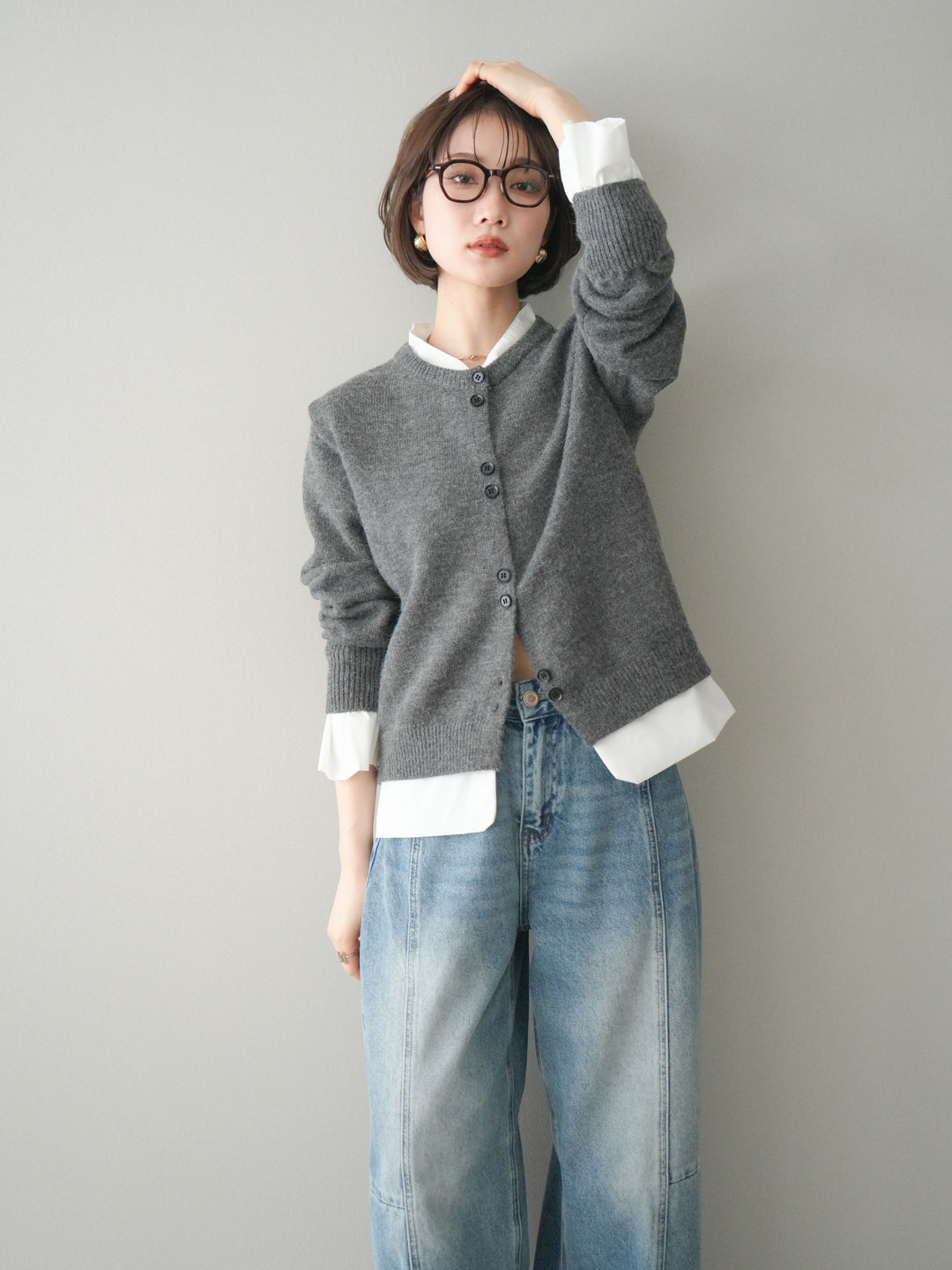 [SET]布帛ドッキングニットカーディガン+ガーメントウォッシュカーブデニムパンツ(2set)