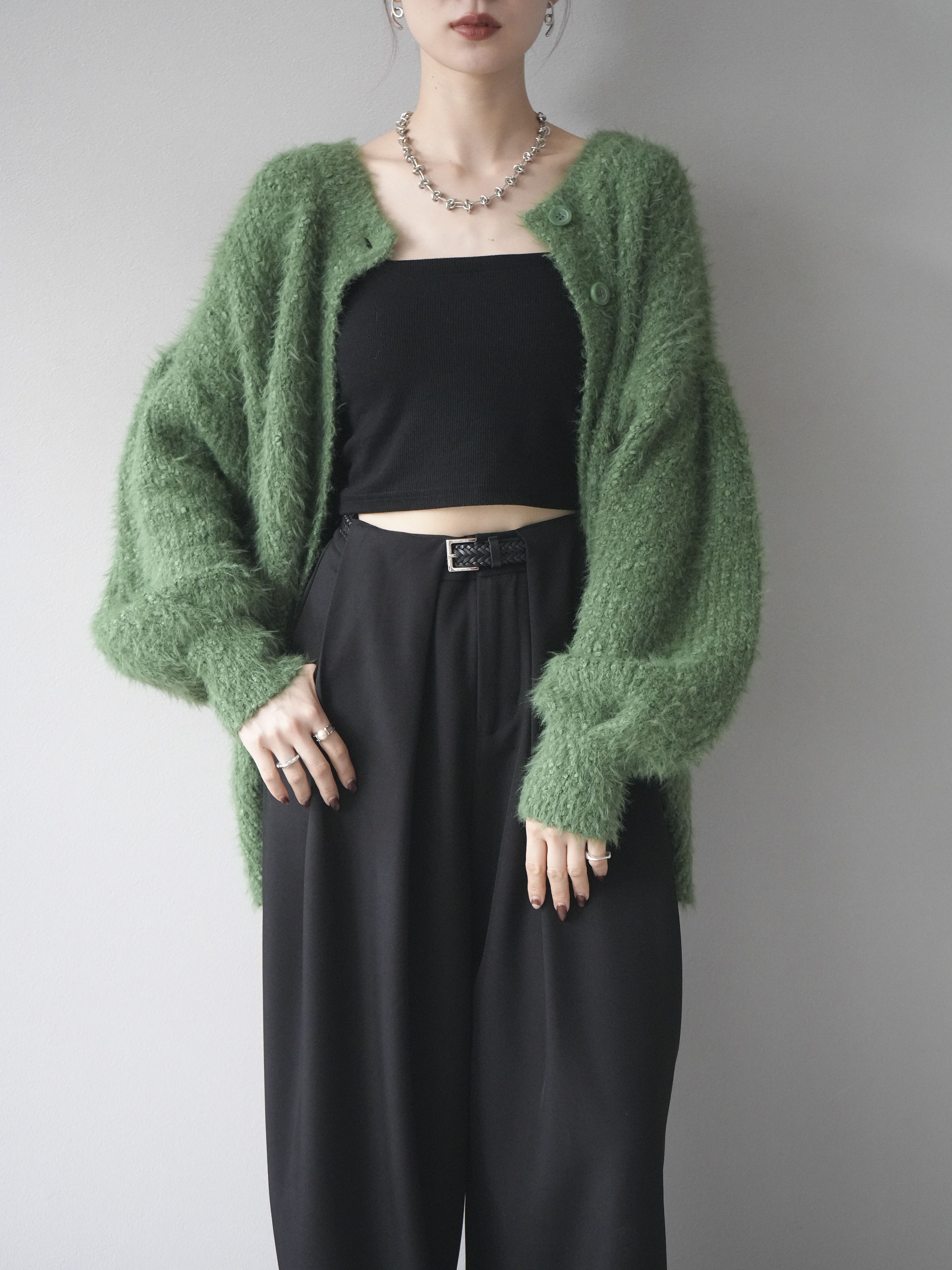 予約]クルーネックランダムシャギーカーディガン/グリーン – Lumier