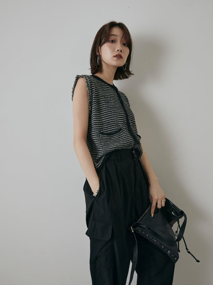 [予約]ボーダー袖フリンジニットベスト/ブラック