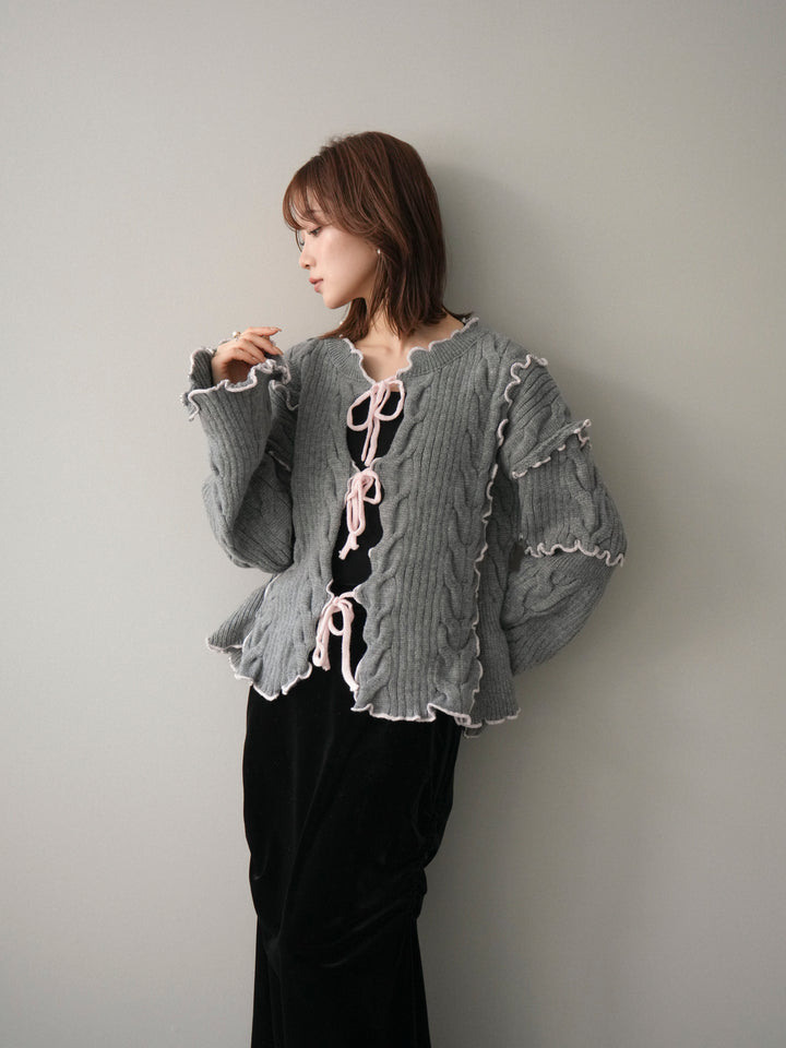 [SET]フロントリボン配色メローニットカーディガン+選べるアクセセット(2set)