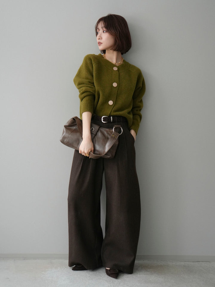 [SET]BIGボタンニットカーディガン+アニマル柄ベルト付きウールタッチワイドパンツ(2set)