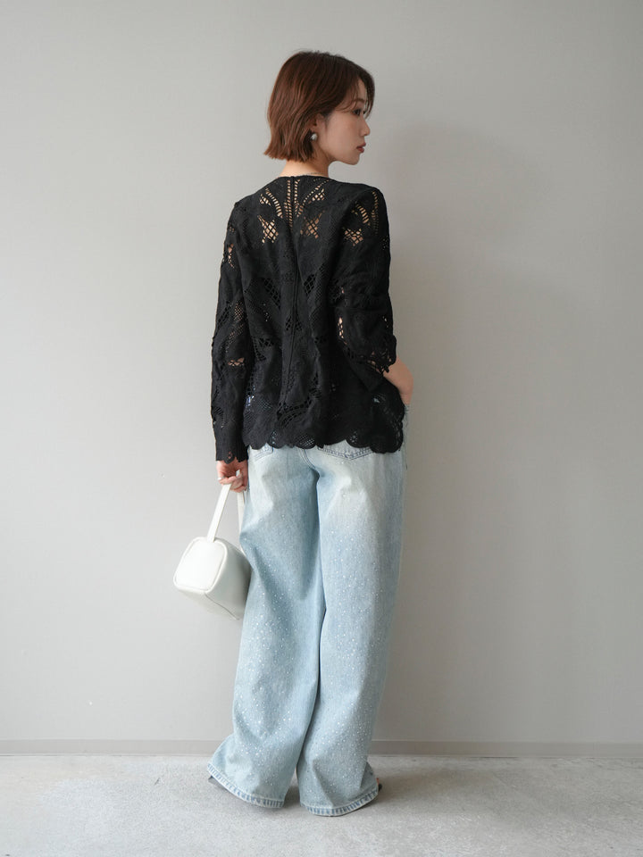 【套裝】3D蕾絲荷葉邊上衣+前口袋串珠闊腿牛仔褲（兩件套）