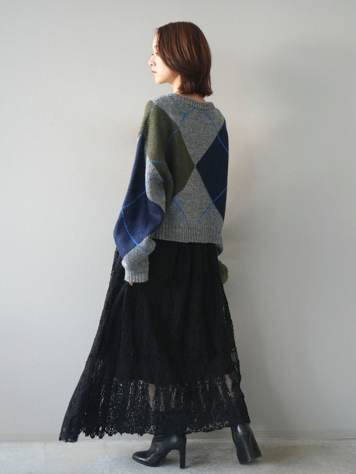 [SET]配色ステッチアーガイル柄ニットプルオーバー+ヴィンテージライクメッシュレーススカート(2set)