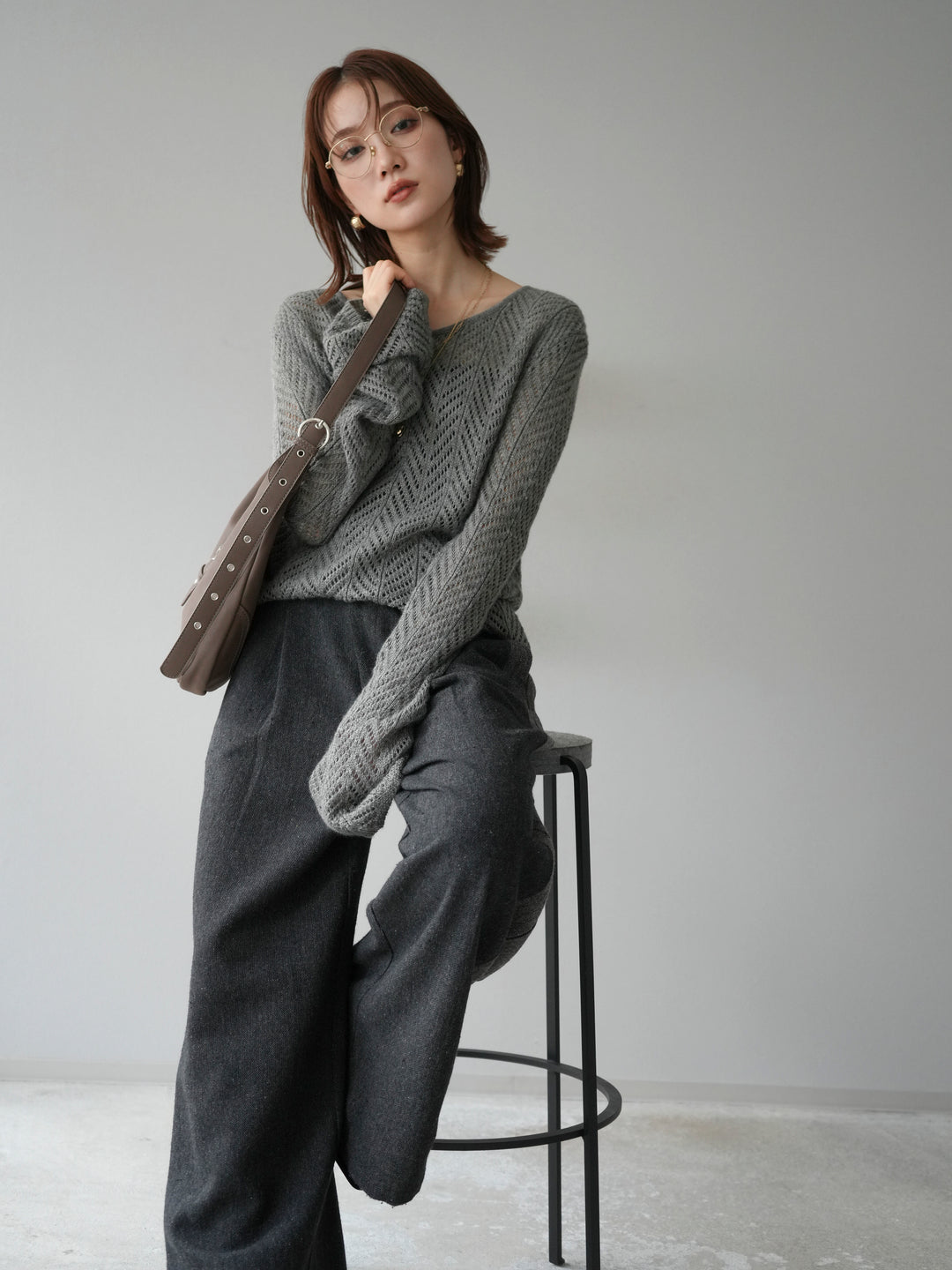 [予約]透かし編みニットトップス/グレー