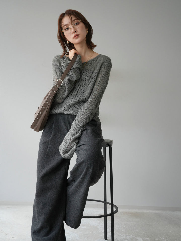 [予約]透かし編みニットトップス/グレー
