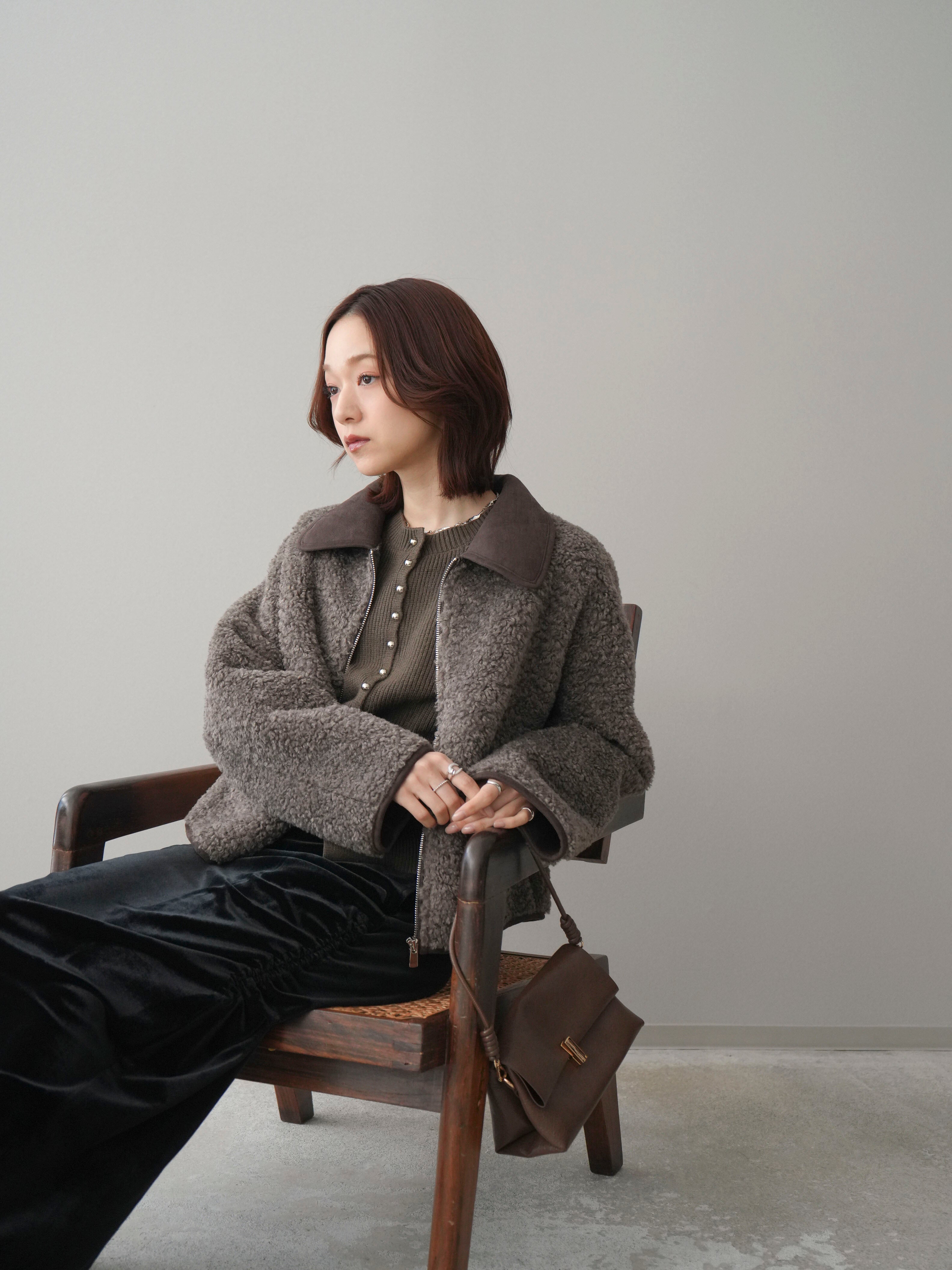 SET]スエード襟ボアショートジャケット+ギャザーベロアスカート(2set