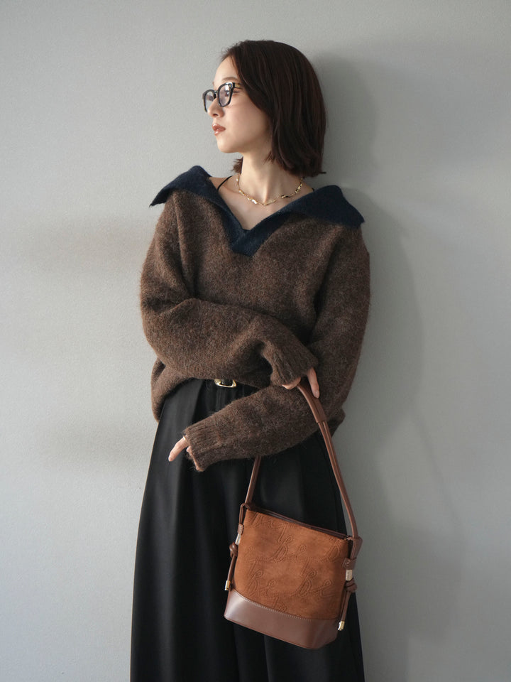 [SET]バイカラー襟付きニットプルオーバー+ベルトループデザインワイドパンツ(2set)