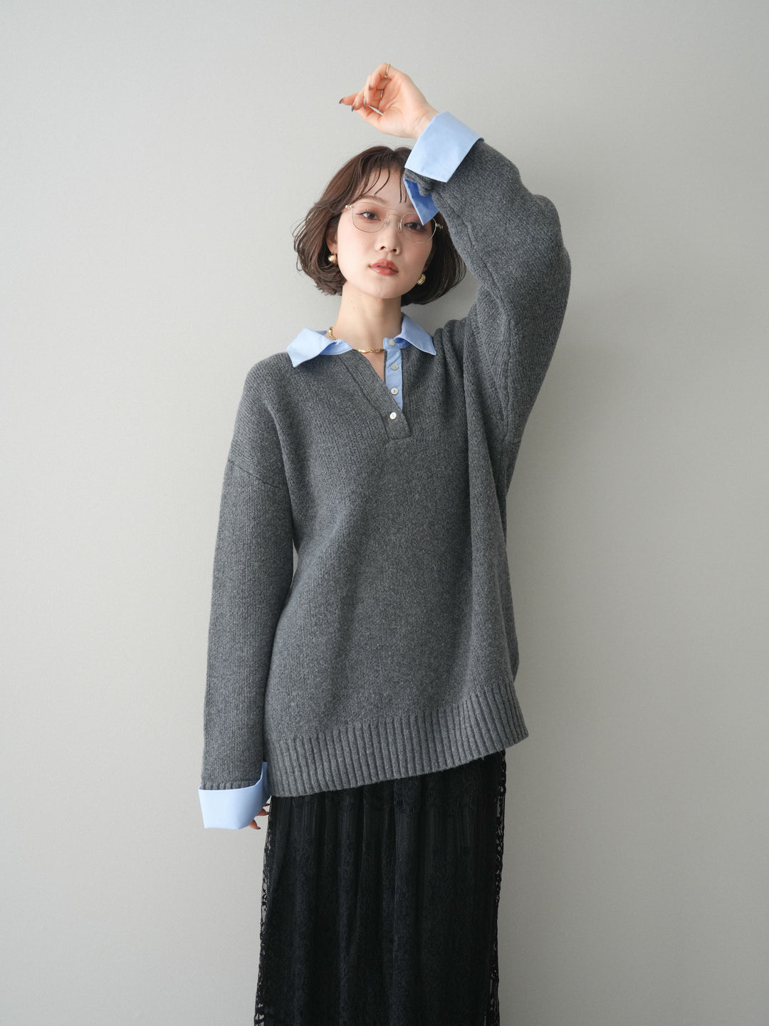 [予約]シャツドッキングオーバーニットプルオーバー/charcoalsax
