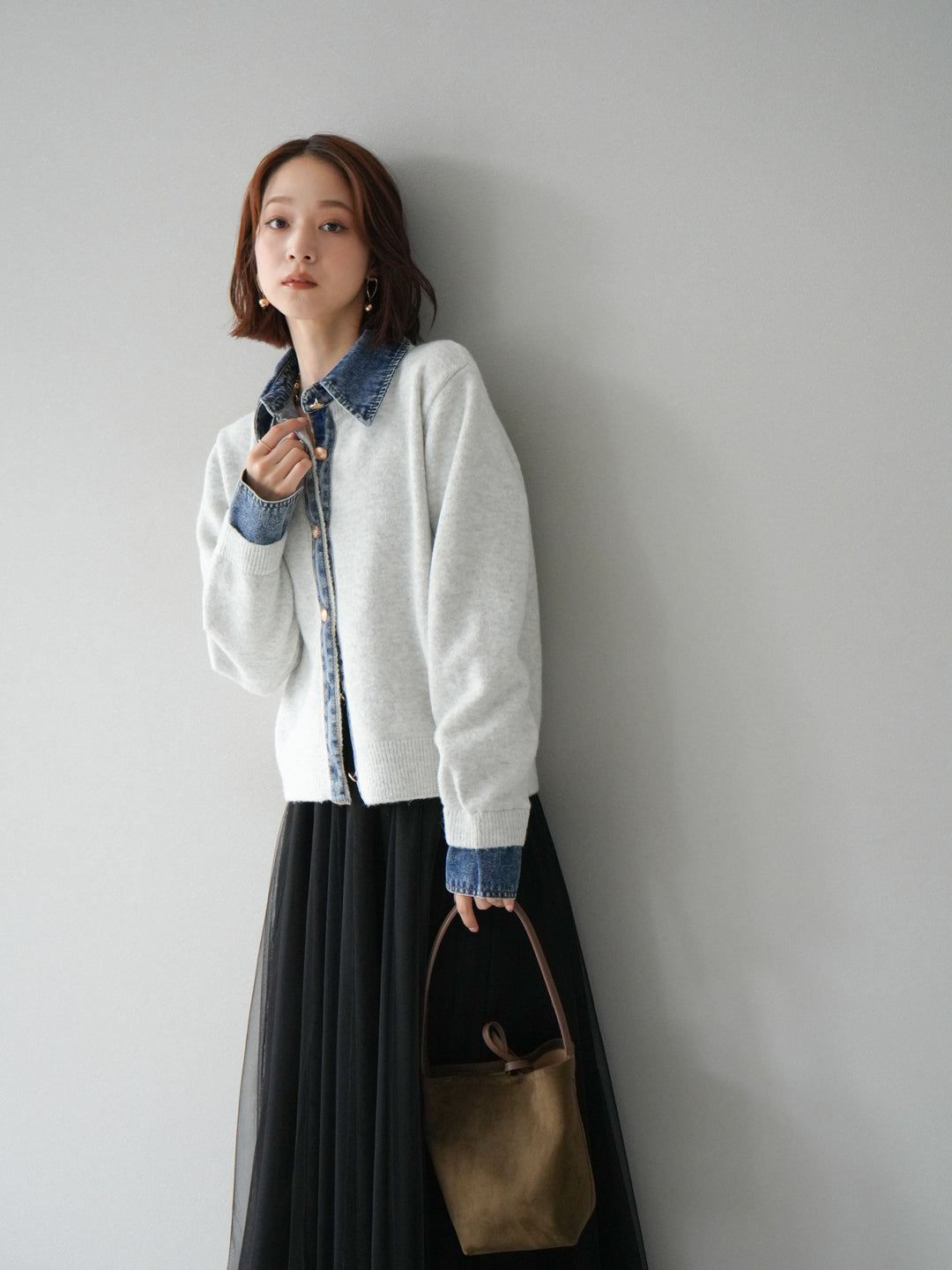 [SET]デニム襟ボタンニットカーディガン+チュールボリュームスカート(2set)