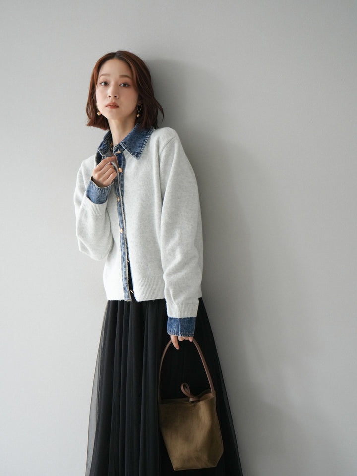[SET]デニム襟ボタンニットカーディガン+チュールボリュームスカート(2set)