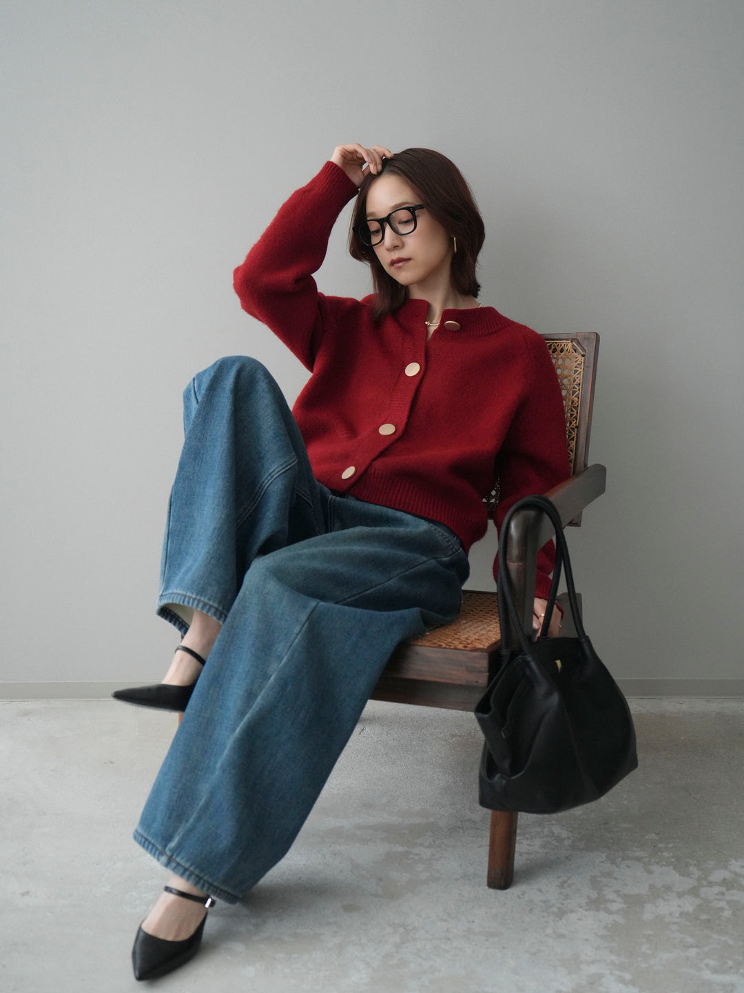 [SET]BIGボタンニットカーディガン+ベルト付裏起毛カーブデニムパンツ(2set)