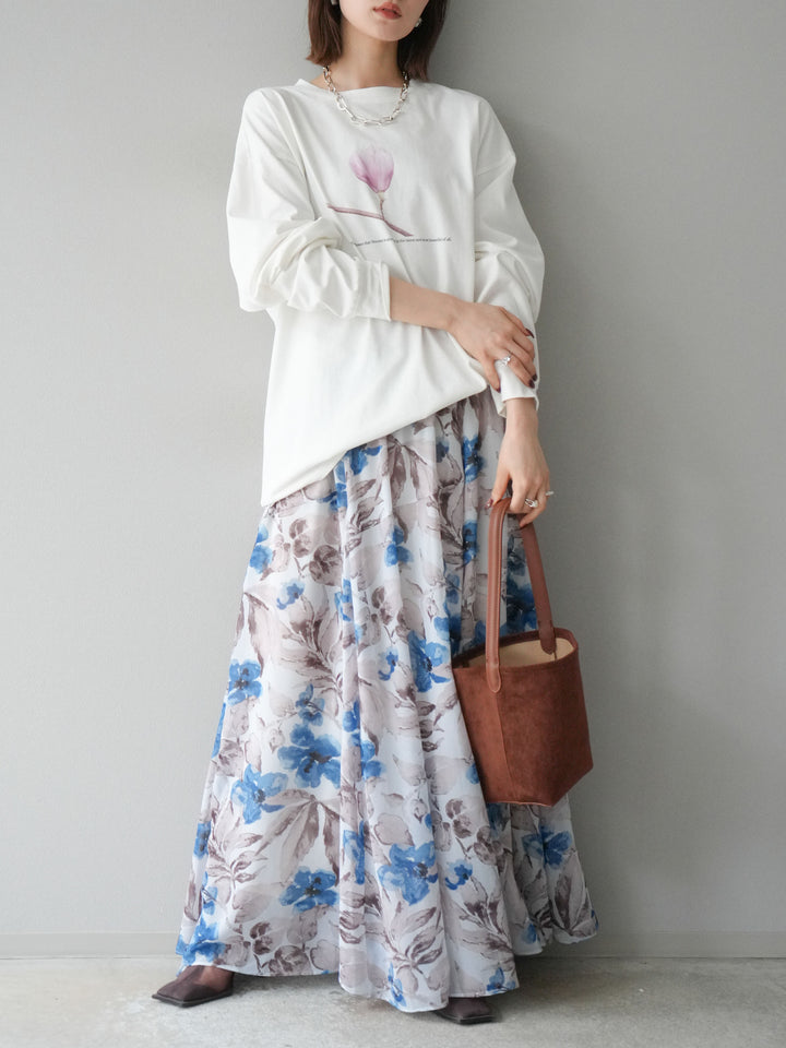[予約]フラワープリントボリュームフレアスカート/ブルー