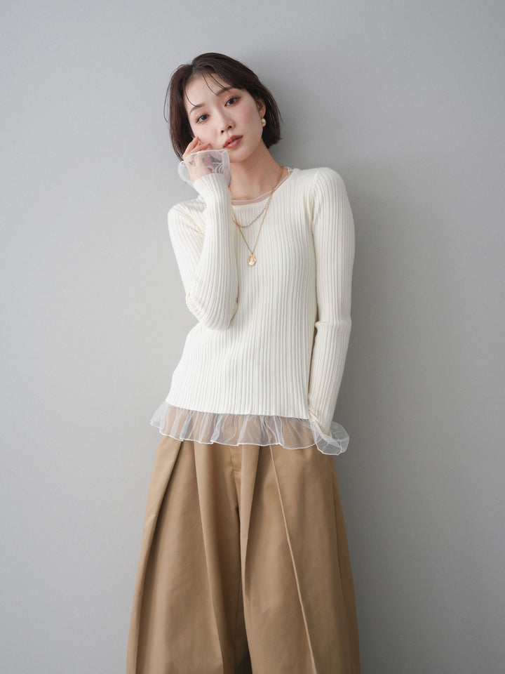 [予約]チュールレイヤードリブニットトップス/ivory