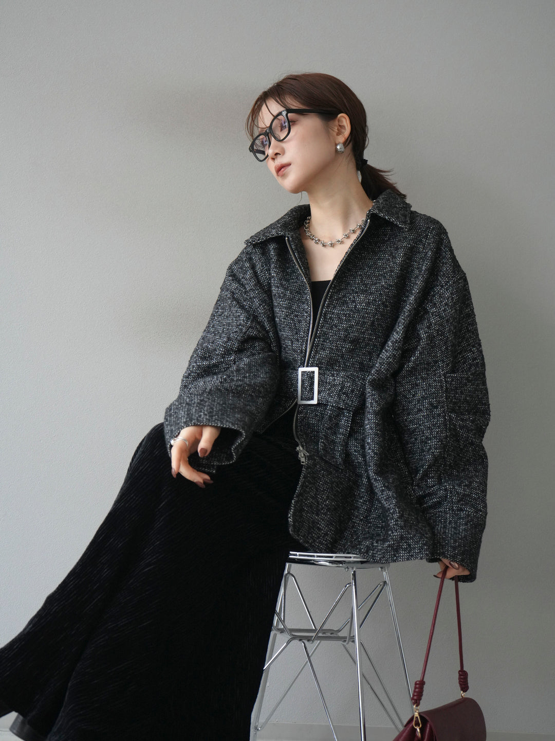 [予約]起毛ツイードベルトぺプラムジャケット/black