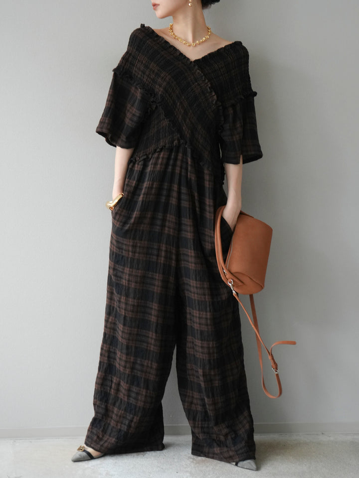 [予約]チェック柄ハーフスリーブシャーリングクロスサロペット/ブラウン