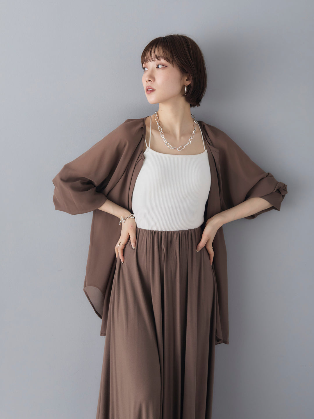 [Pre-order] Sheer No-Collar 2-Way LS Blouse/Beige