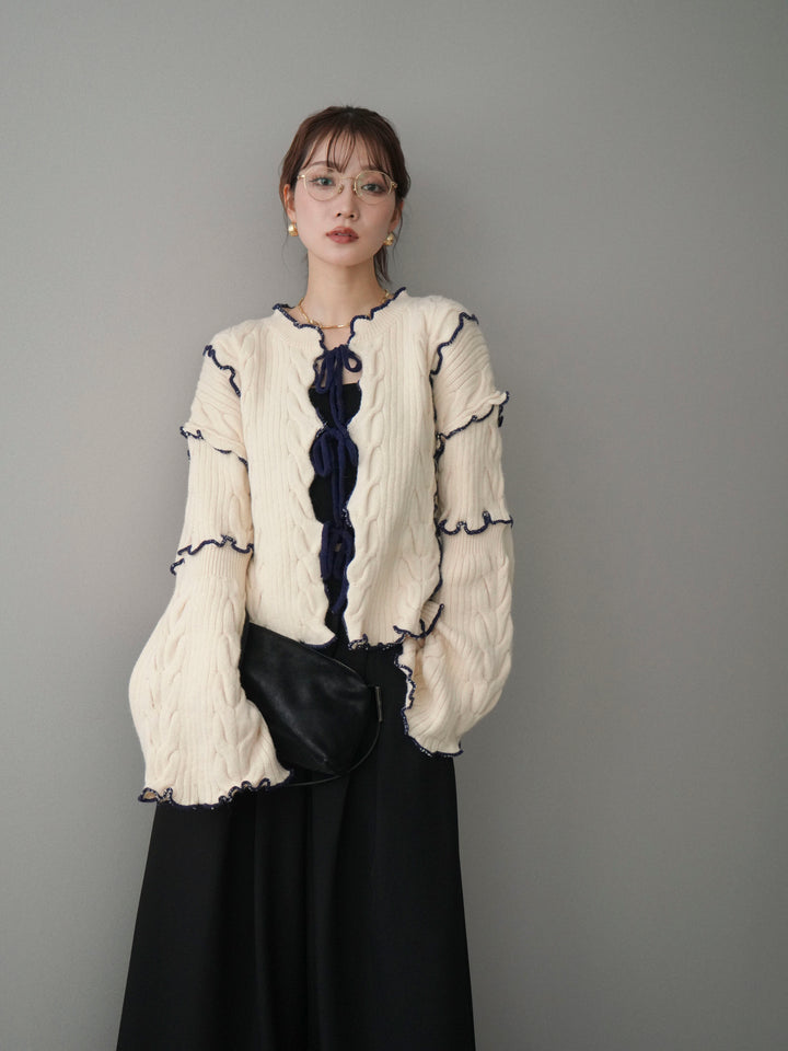 [SET]フロントリボン配色メローニットカーディガン+選べるアクセセット(2set)