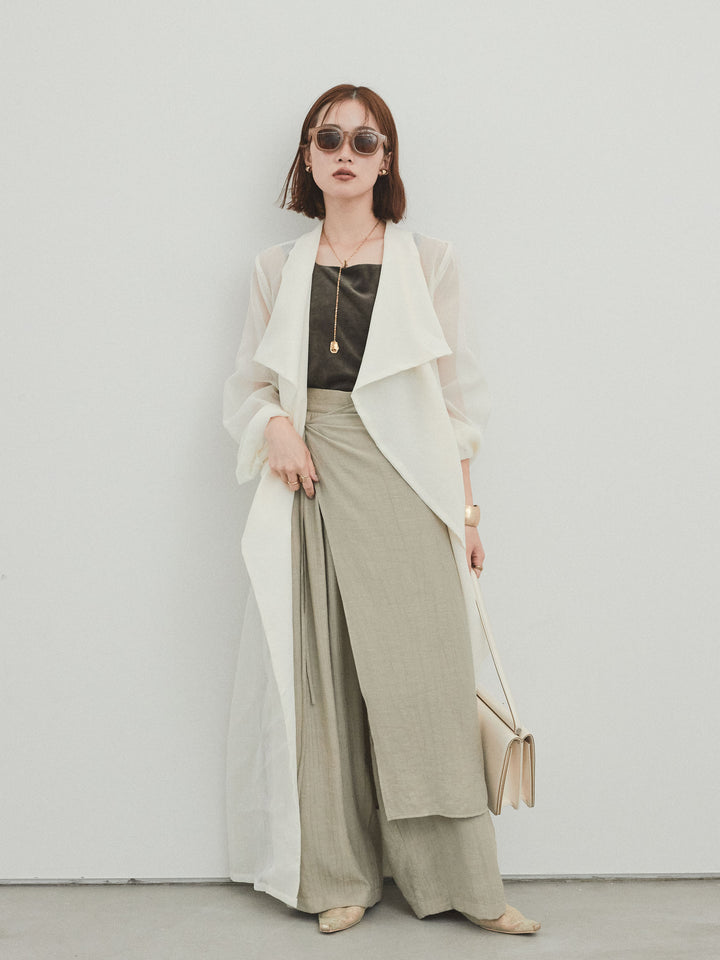 [予約]ワッシャーサテンレイヤードスカートパンツ/カーキベージュ
