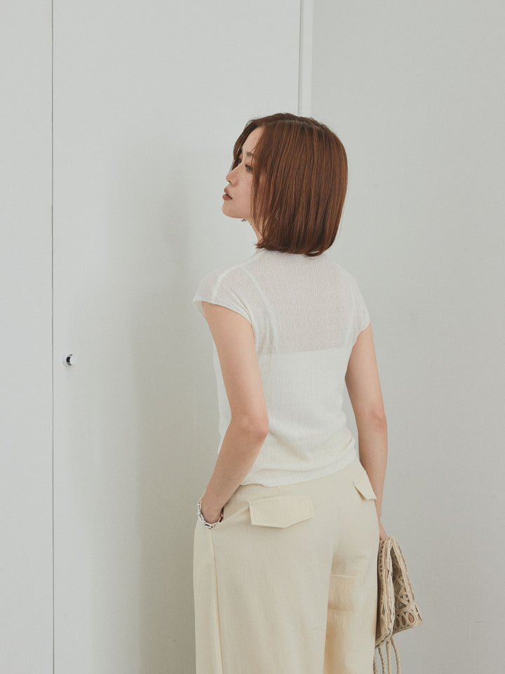 [予約]フレンチスリーブシアーニットトップス/ホワイト