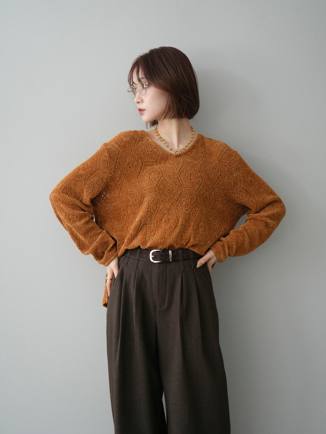 [予約]モール透かし編みニットトップス/camel