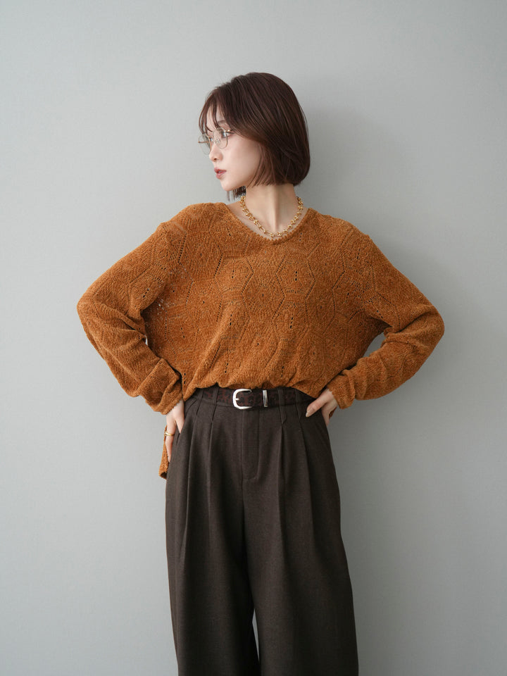 [予約]モール透かし編みニットトップス/camel