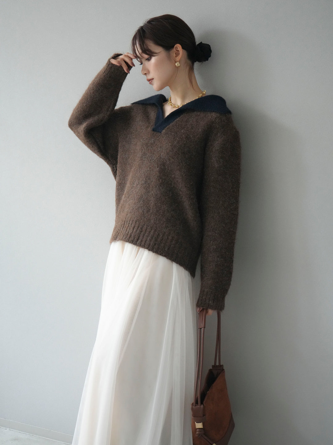 [予約]バイカラー襟付きニットプルオーバー/brown